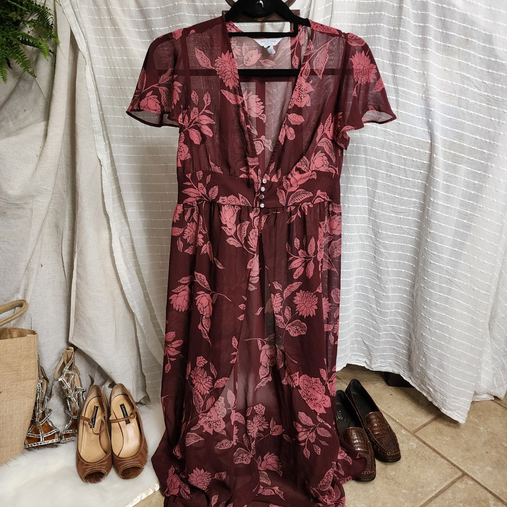 Arizona Jean Co Womens Burgundy Floral Sheer Maxi Duster Cardigan Dress Small